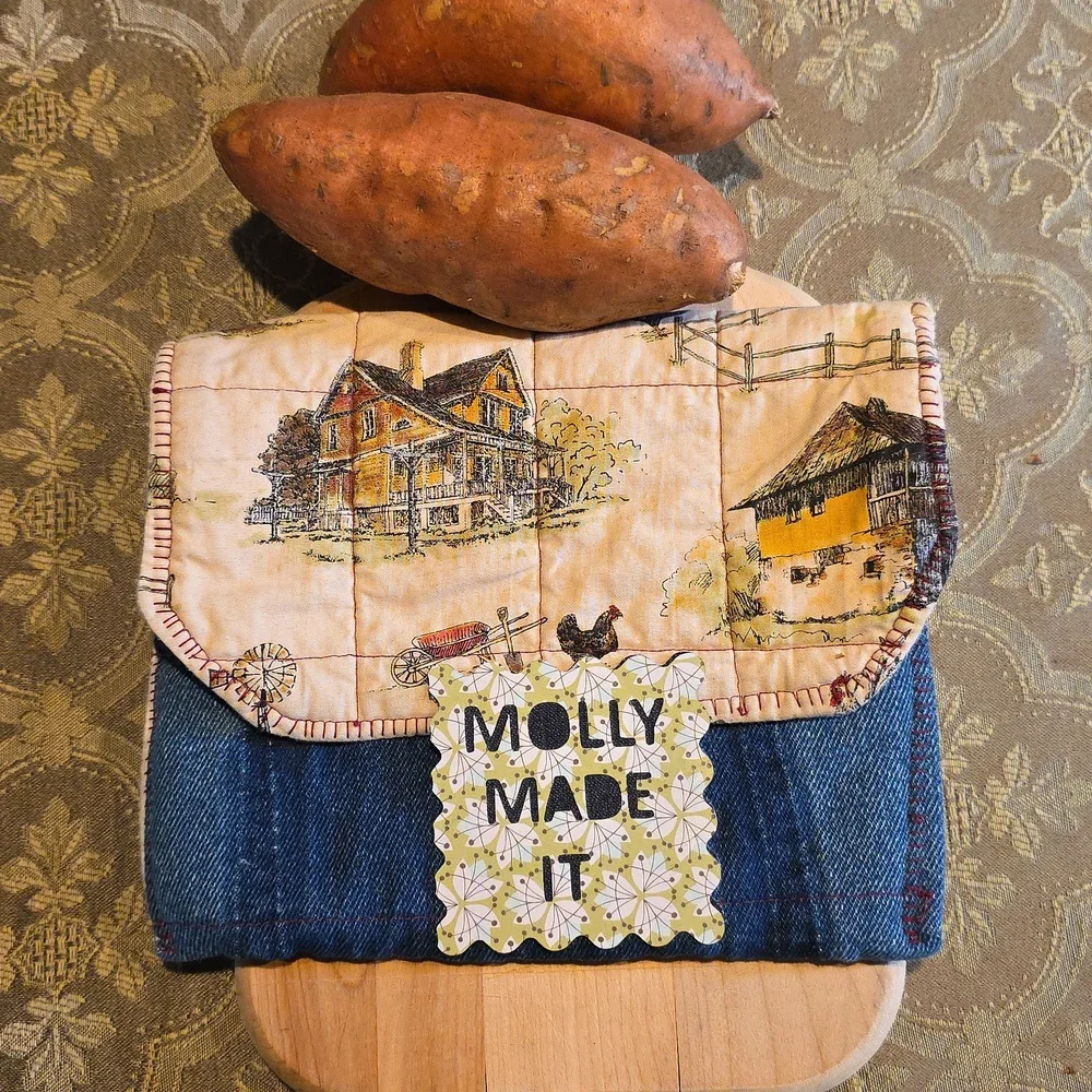 HAND CRAFTED Potato Pouch Microwave UPCYCLE Blue Denim Cotton Farmhouse 8.5 Inch